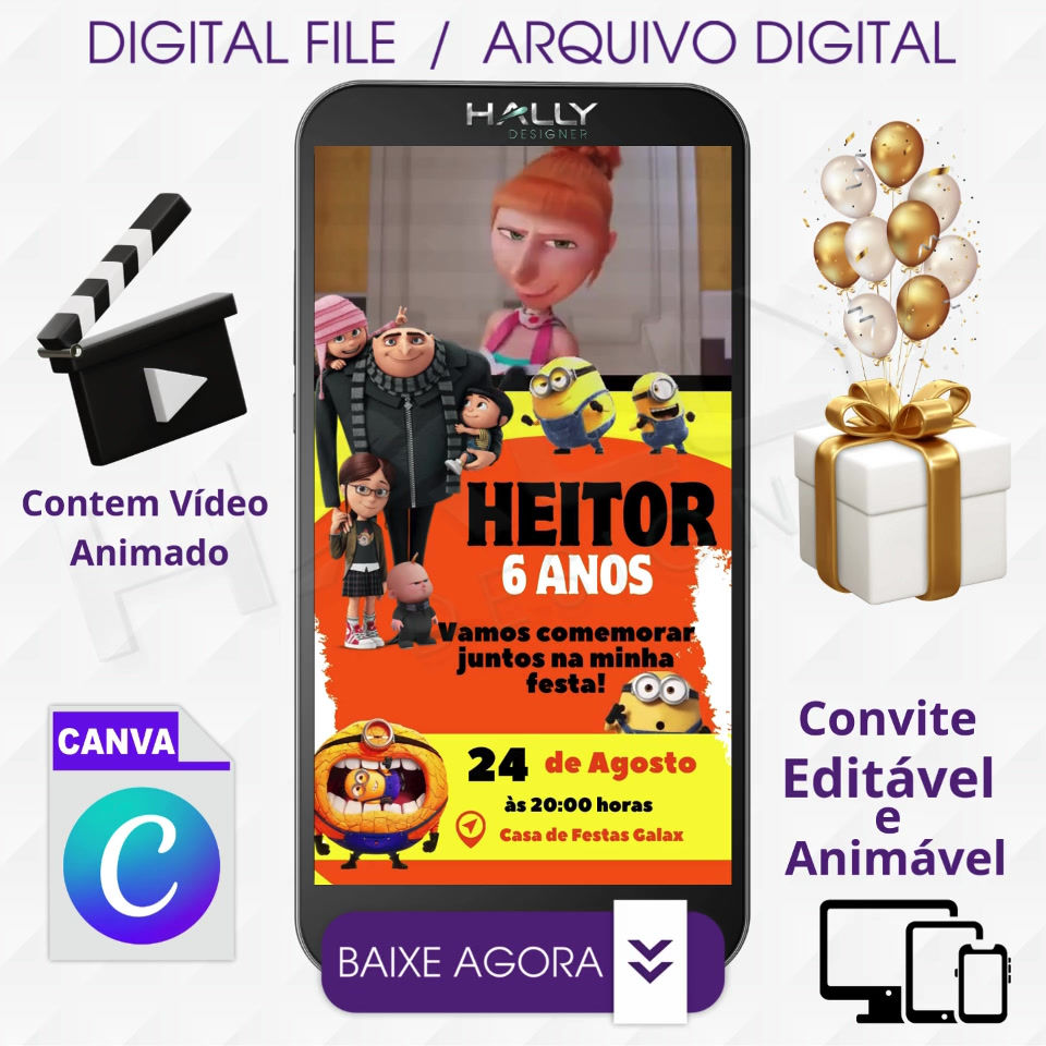 Convite Digital Animado Edite no Canva Meu Malvado Favorito