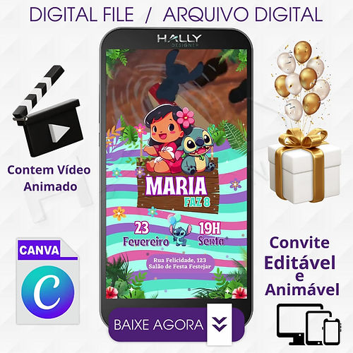 Convite Digital Animado Edite no Canva - Lilo e Stitch