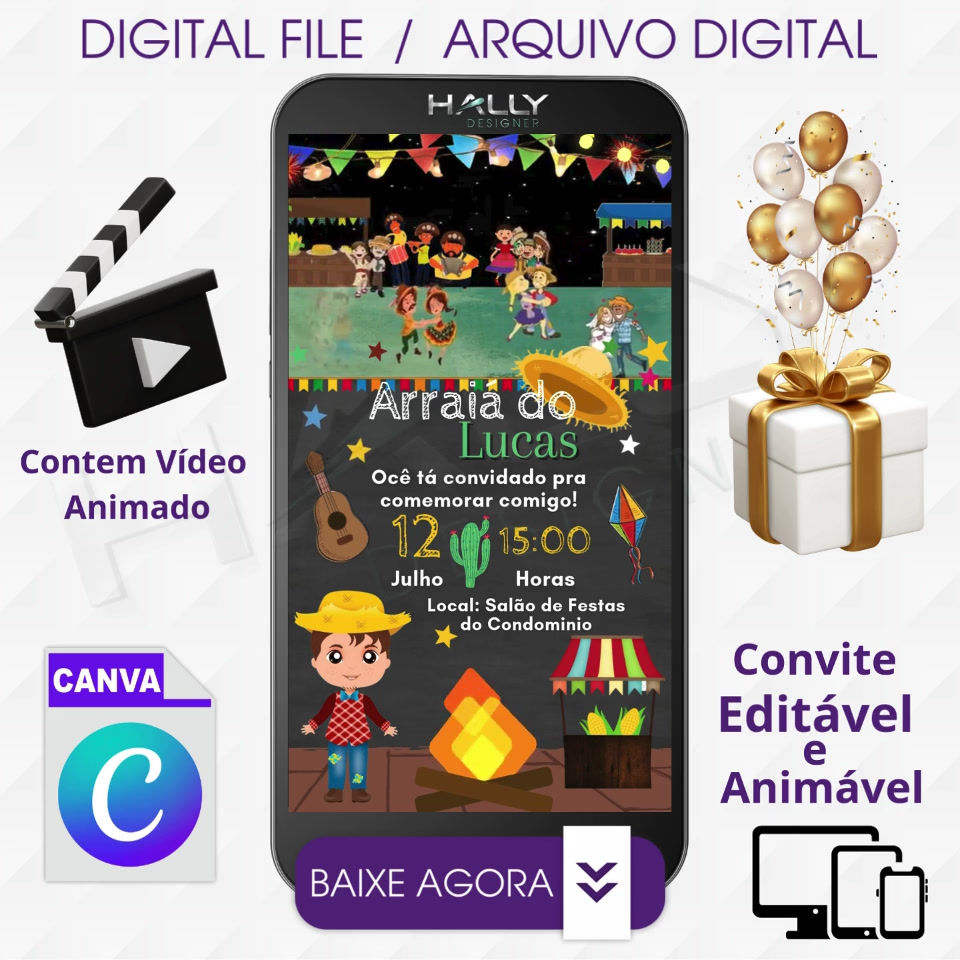 Convite Digital Animado Edite no Canva - Festa Junina