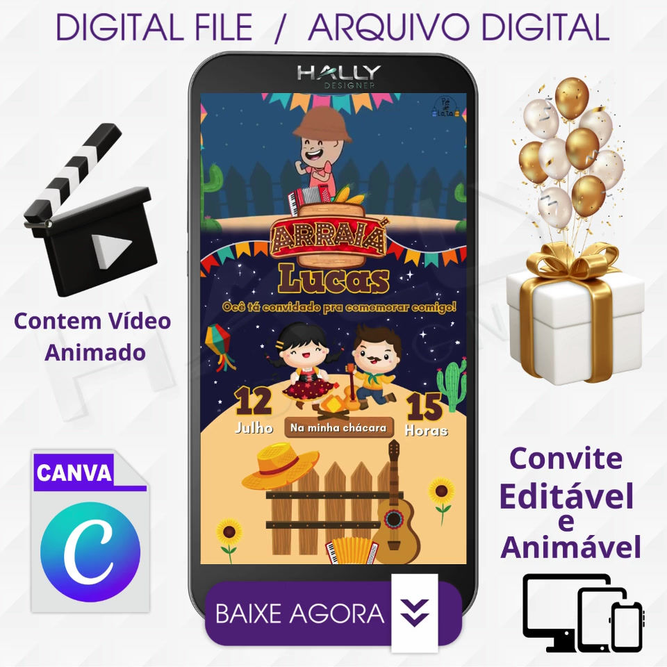 Convite Digital Animado Edite no Canva - Festa Junina