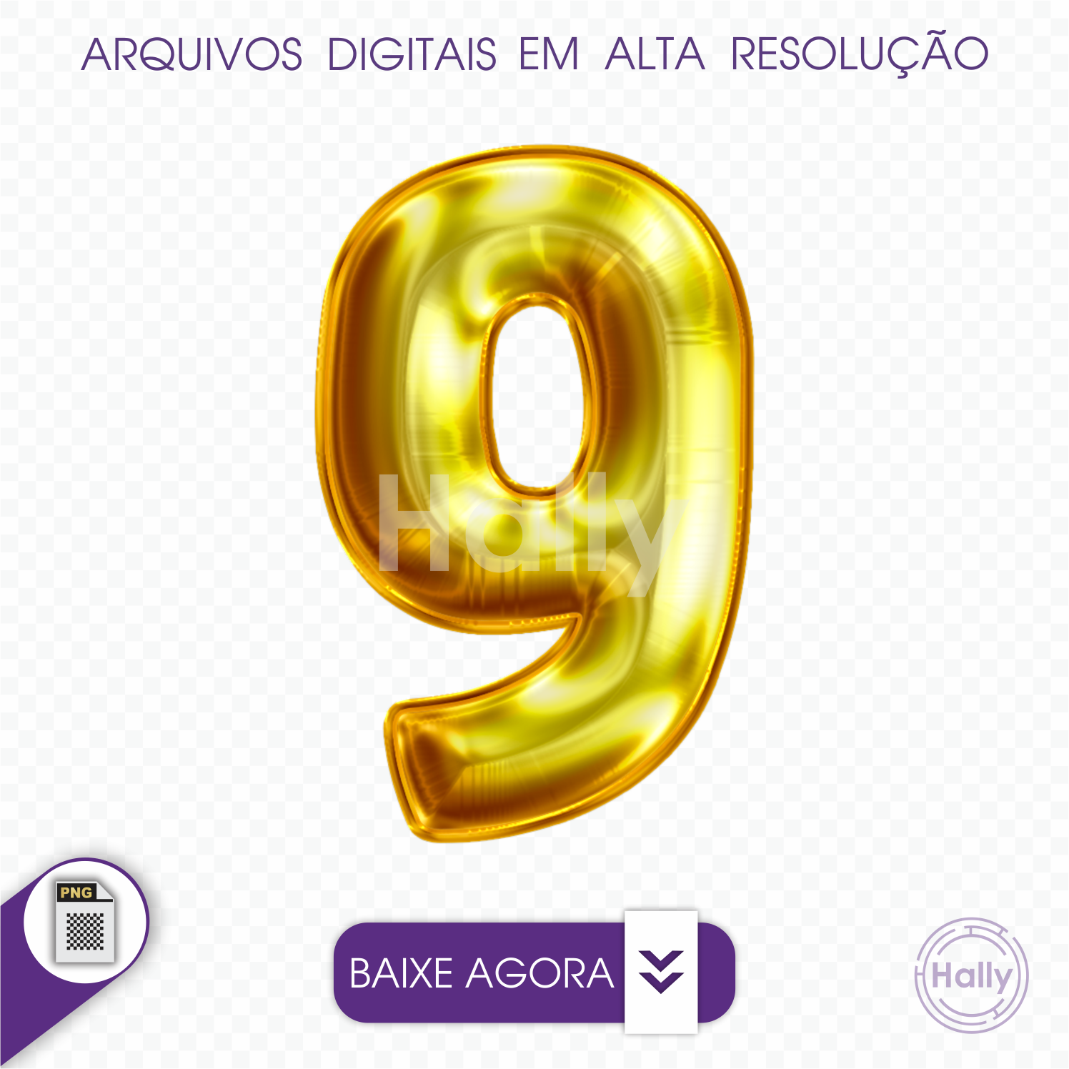 Arquivo Digital PNG -Letra Balão - Ouro Número 9