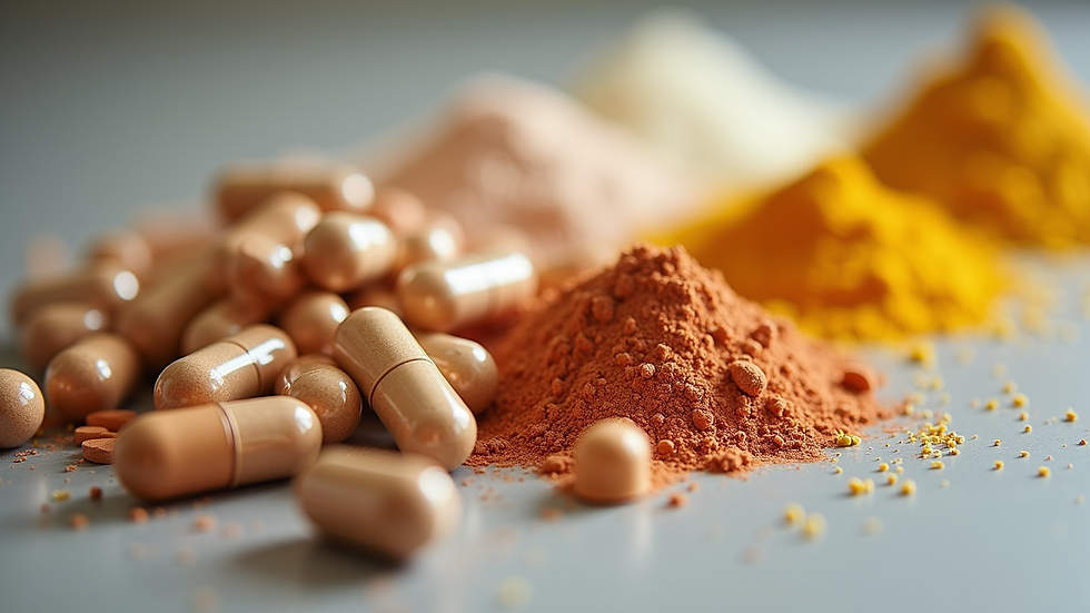 Close-up view of various dietary supplements in capsules and powders