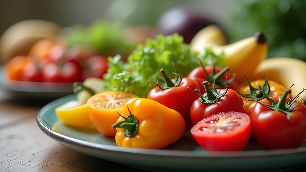 Close-up view of a colorful plate filled with fresh fruits and vegetables