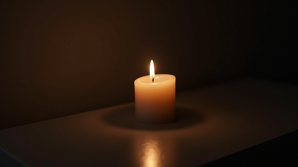Close-up view of a single candle burning softly in a dark room
