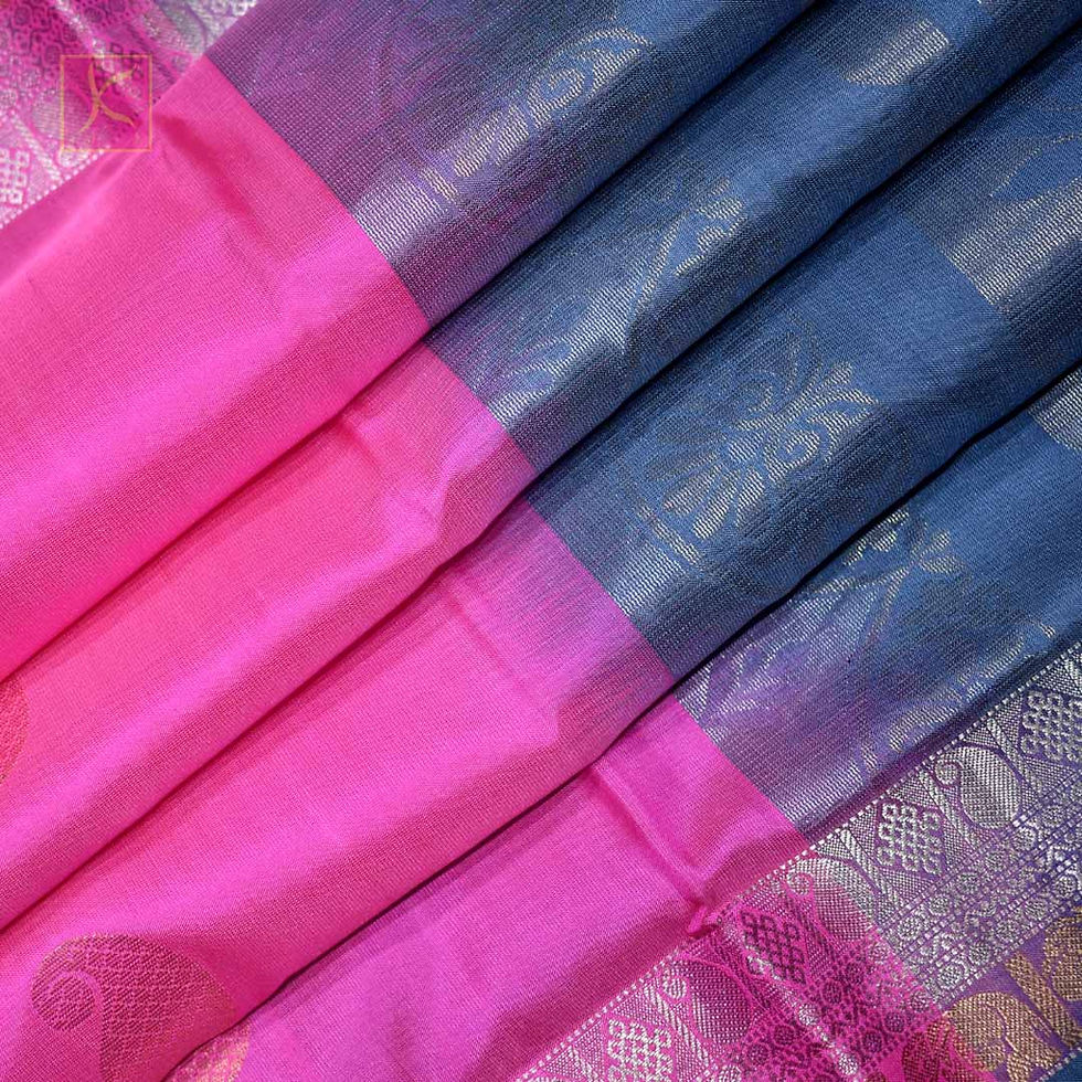 Thumbnail: Hot Pink Colour Gold Jari Soft Silks Saree