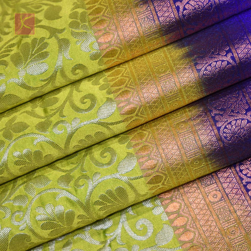 Thumbnail: Fluorescent Green Colour Silver Copper Jari Wedding Semi Silks Saree