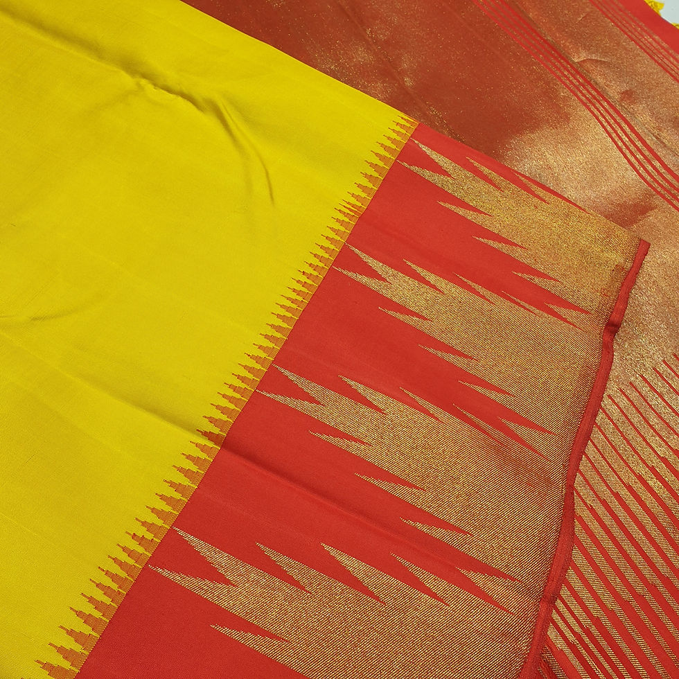 Thumbnail: Yellow Coloured With Red Temple Border Traditional Silk Sarees