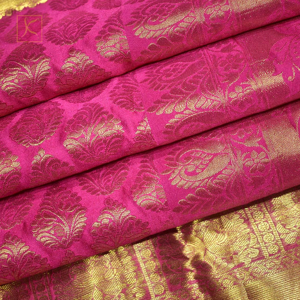 Thumbnail: Magenta Pink Colour Gold Jari Wedding Semi Silks Saree
