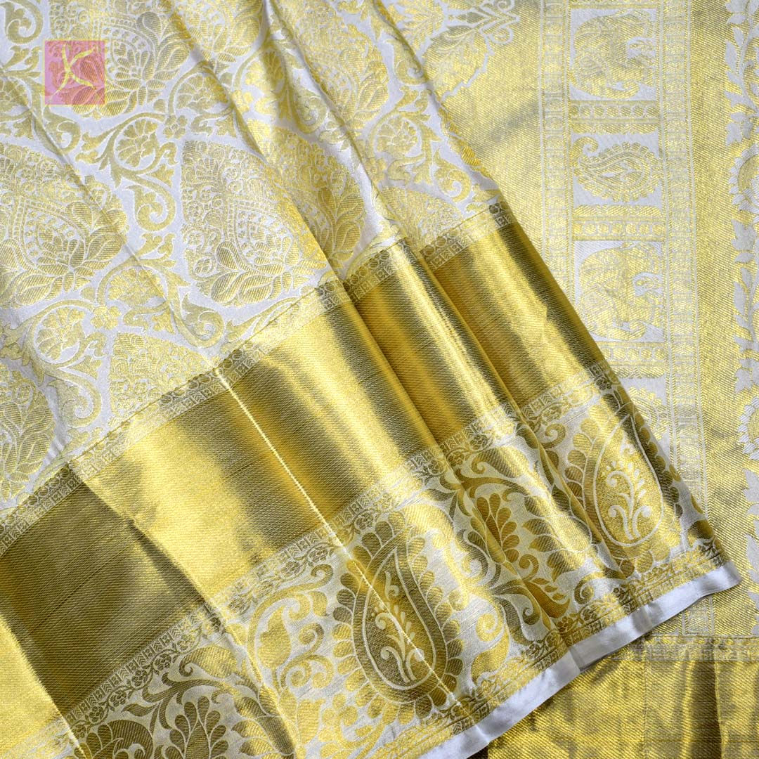 Half White Colour Gold Jari Wedding Semi Silks Saree