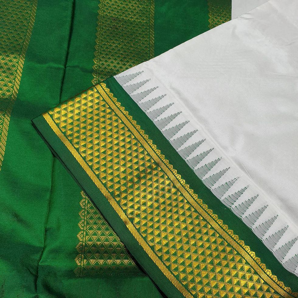 Thumbnail: White Coloured With Green Temple Border Traditional 10 Yards Silk Saree