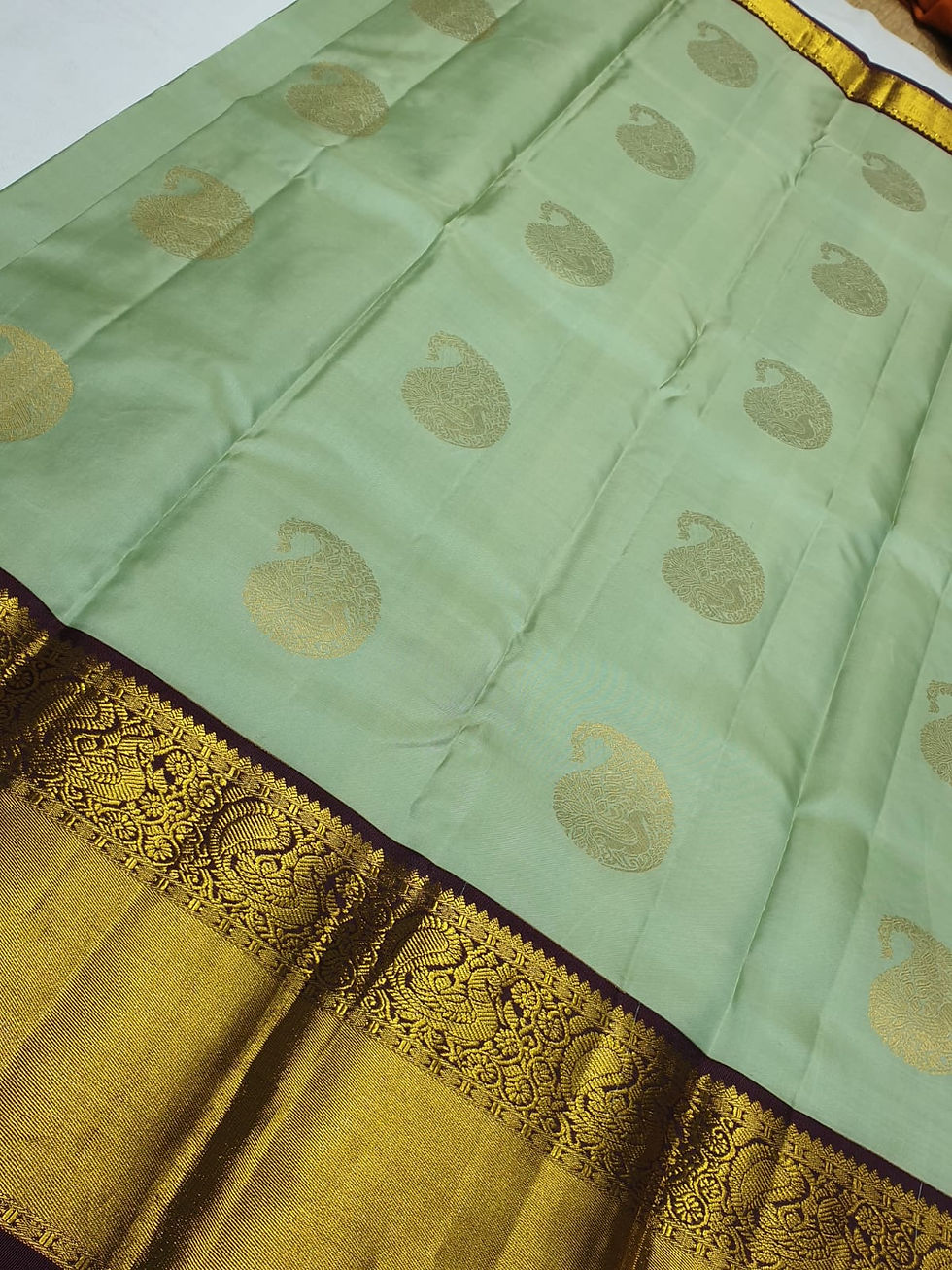 Thumbnail: Light Bistha Green Coloured With Brown Border Traditional Silk Sarees