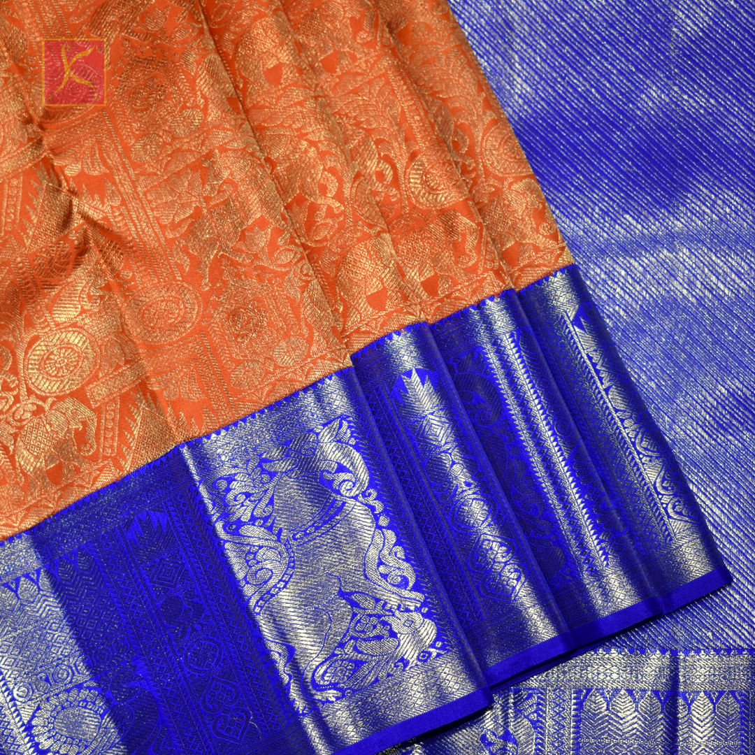 Orange With Ink Blue Colour Pure Gold Jari Wedding Silks Saree