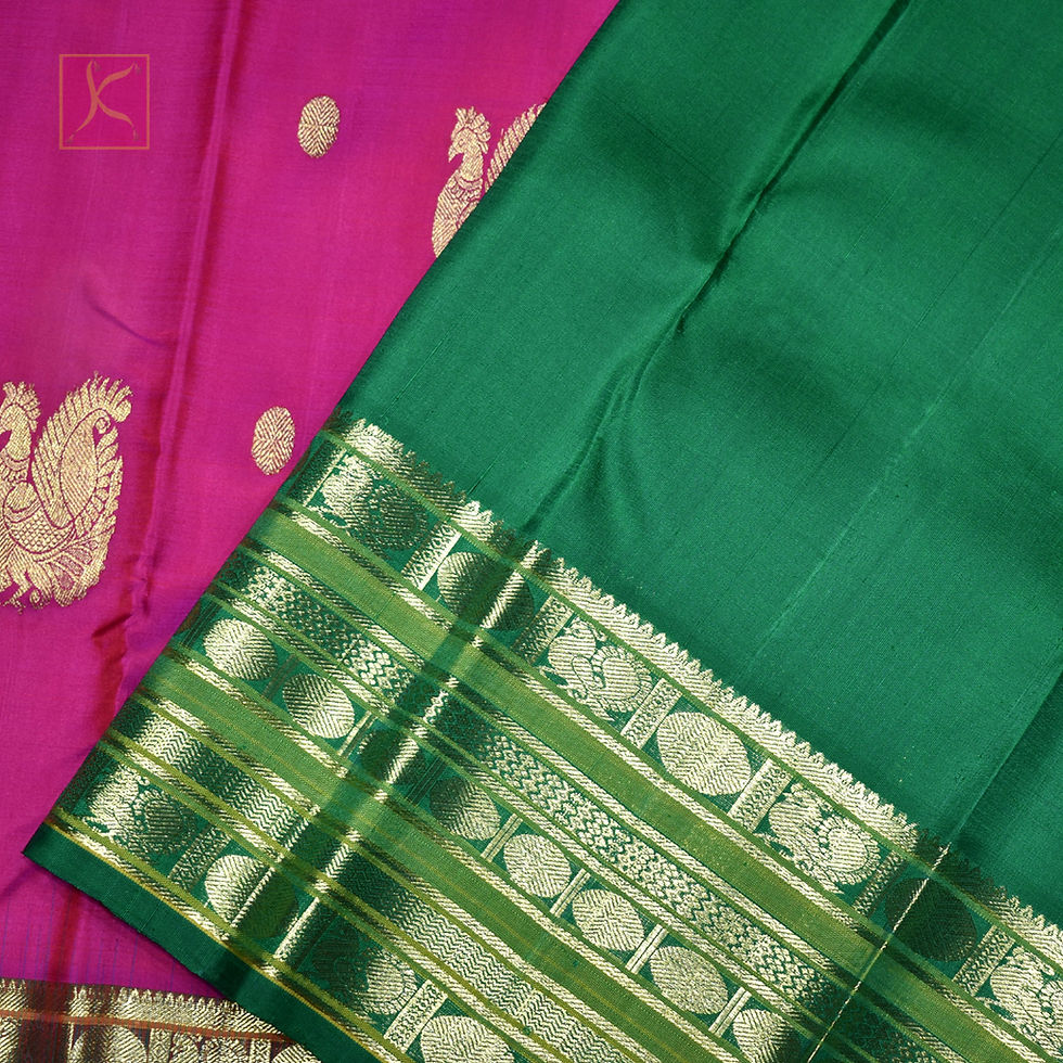 Thumbnail: Magenta Pink With Green Colour Gold Jari Traditional Silks Saree