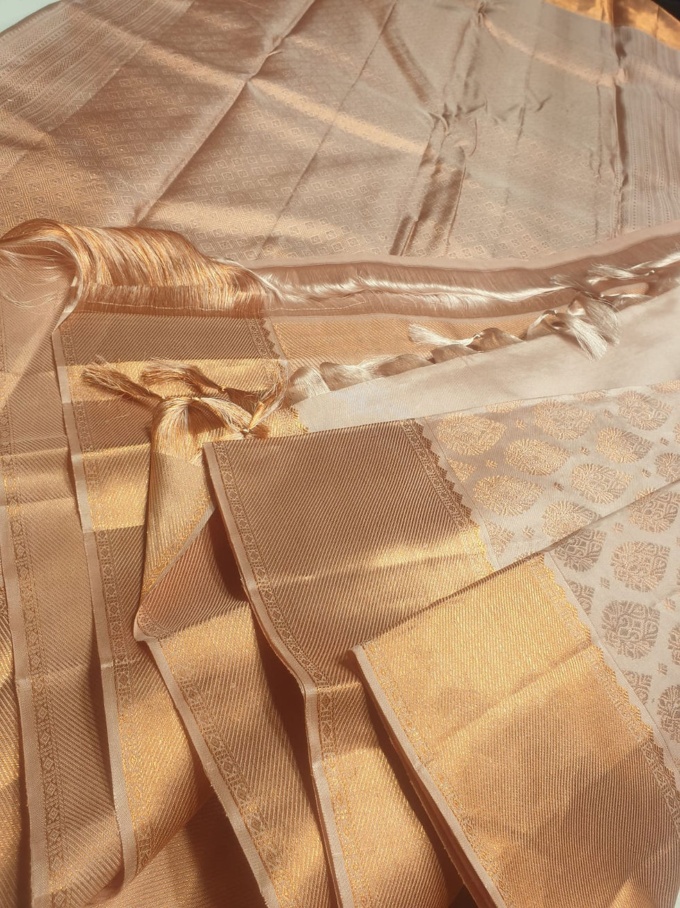 Thumbnail: Cream Coloured Copper Jari Vel Design Traditional Silk Sarees