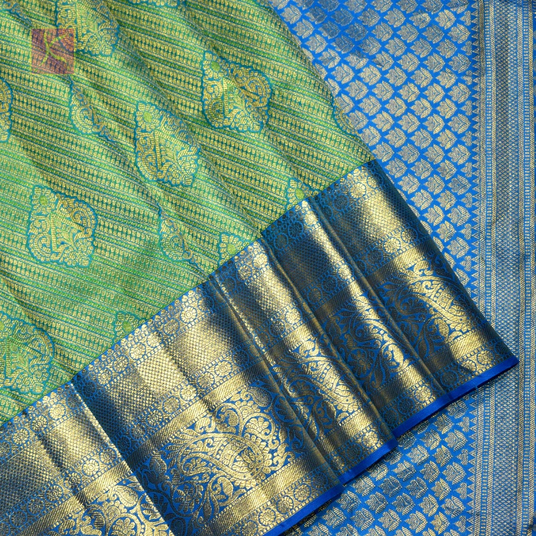 Green With Blue Colour Gold Jari Wedding Silks Saree