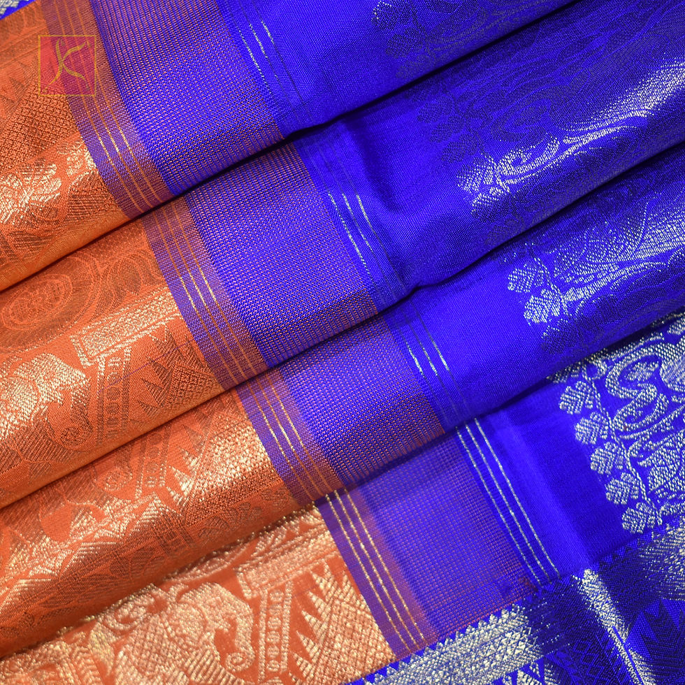 Thumbnail: Orange With Ink Blue Colour Pure Gold Jari Wedding Silks Saree