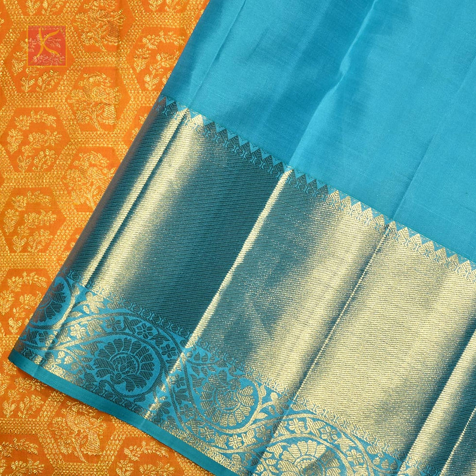 Thumbnail: Orange With Sky Blue Colour Gold Jari Wedding Silks Saree