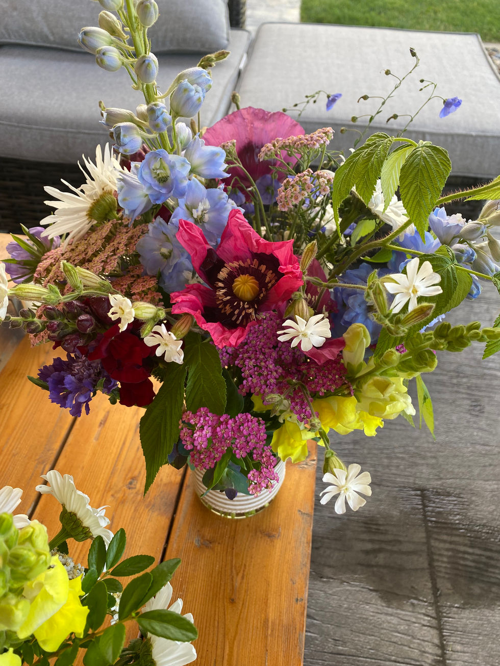 Brightly colored pink, blue, yellow floral