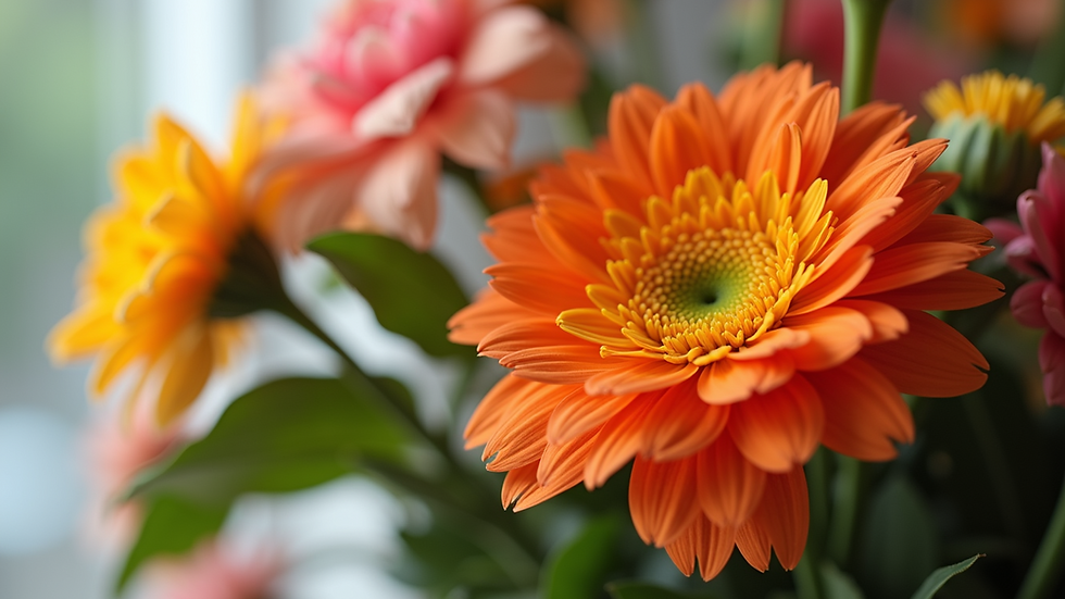 Close-up view of a vibrant flower arrangement with seasonal blooms