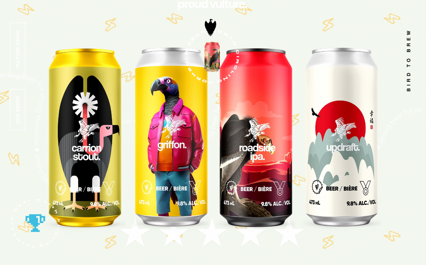 Bespoke graphic packaging design for a lineup of craft beer cans, featuring custom vector bird character illustrations for Carrion Stout, Griffon, Roadside IPA, and Updraft