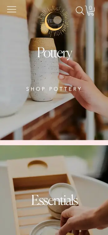 Vertical website layout featuring 'Pottery' and 'Essentials' shop categories with high-contrast, artisanal photography.