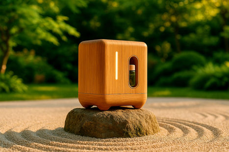 An orange KRTV JÜC device resting on a rock in a minimalist Japanese zen garden.
