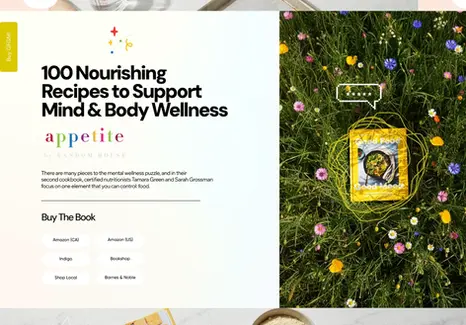 Website landing page section titled '100 Nourishing Recipes' paired with a vibrant environmental shot of the cookbook in a meadow.