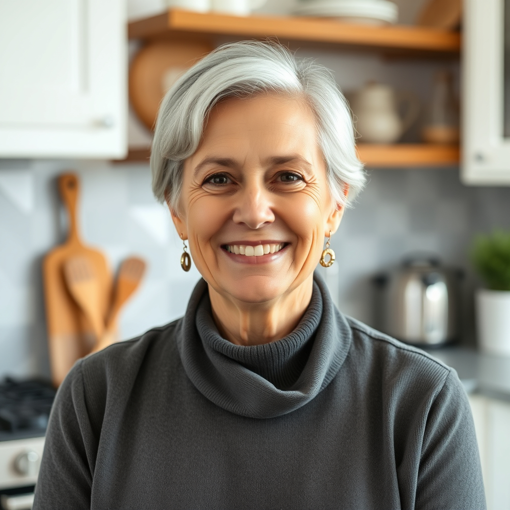 CLOSEUP HEADSHOT OF MIDDLE AGED SMILING WHITE WOMAN IN KITCHEN.jpg