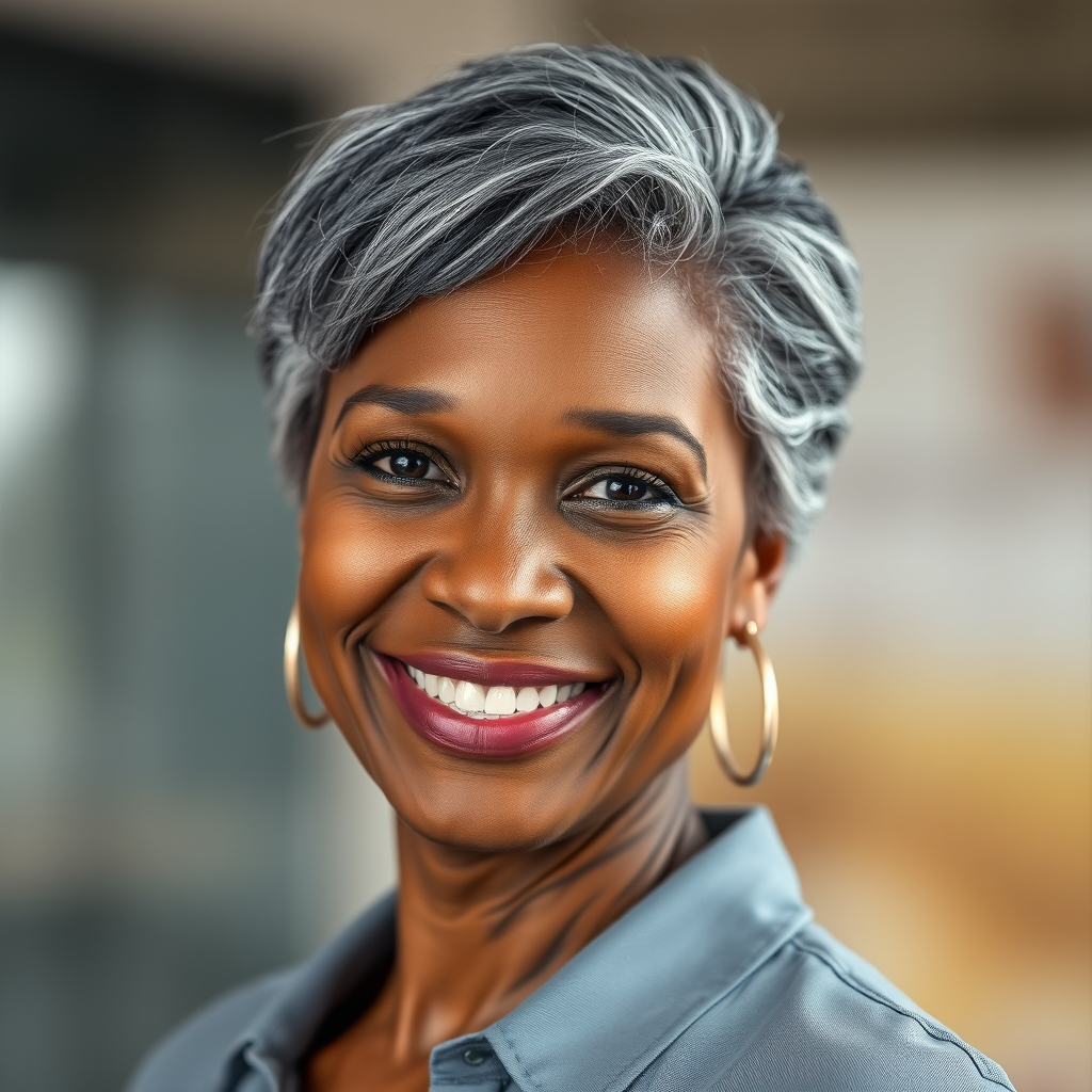photorealistic headshot photo of smiling black woman, about 40 years old with blurred background.jpg