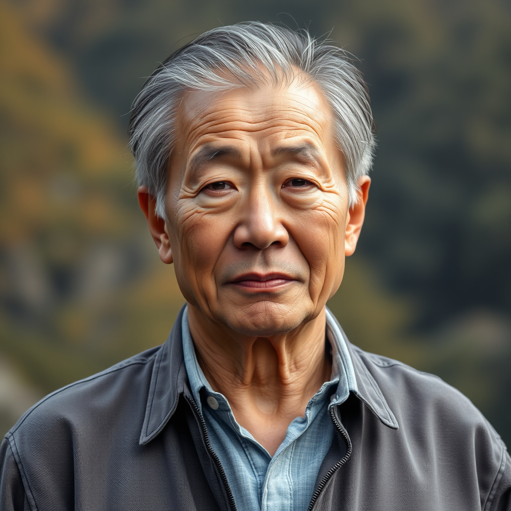 photorealistic headshot portrait of non smiling 60 year old asian man against outside blur