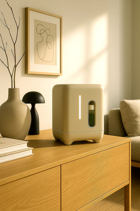 A light blue KRTV JÜC device on a wooden sideboard in a bright, modern interior.