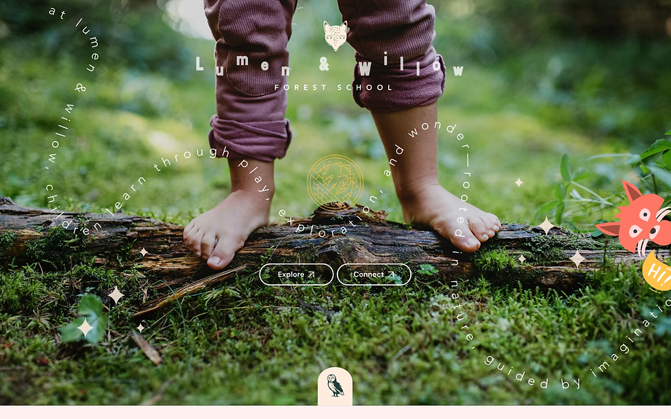 A cinematic close-up of a child's bare feet standing on a moss-covered log in a forest, with swirling text and playful forest school illustrations.