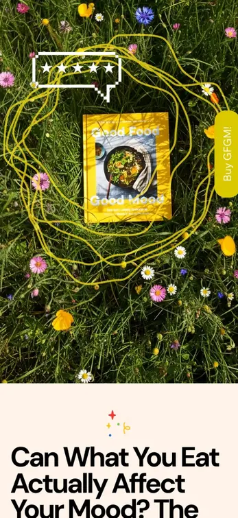 Vertical mobile layout featuring the Appetite cookbook nestled in a lush field of yellow wildflowers and green grass.