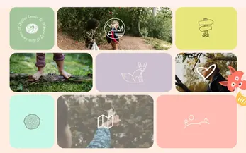 A soft-toned brand collage for Lumen & Willow featuring fox, owl, and leaf icons in a pastel grid.