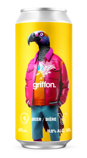 A yellow 'Griffon' beer can featuring a humanoid vulture in a pink jacket on the label.