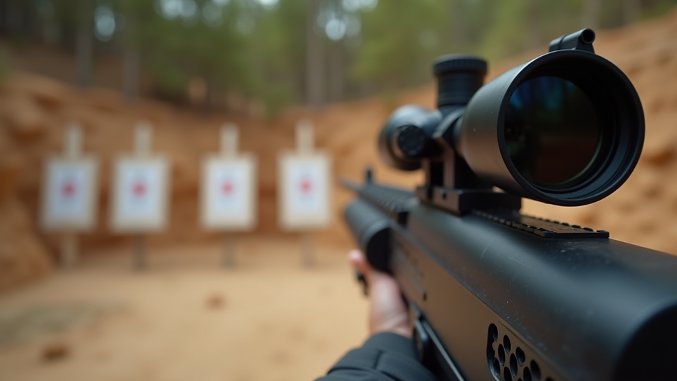 Close-up view of a firearm on a shooting range with targets