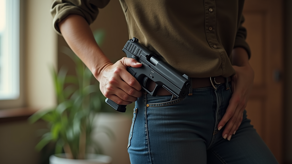 Eye-level view of a woman holstering a firearm safely