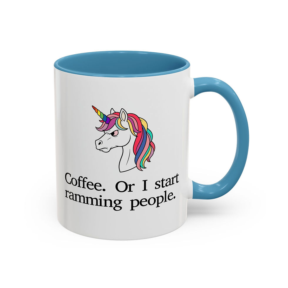 Thumbnail: Left-Handed Angry Unicorn Mug: "Coffee. Or Start Ramming People." Dark Humor Mug