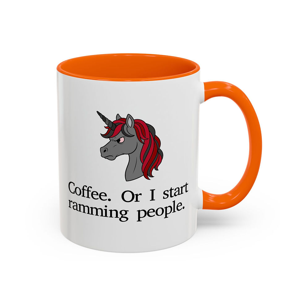 Thumbnail: Left-Handed Angry Unicorn Mug: "Coffee. Or Start Ramming People." Dark Humor Mug