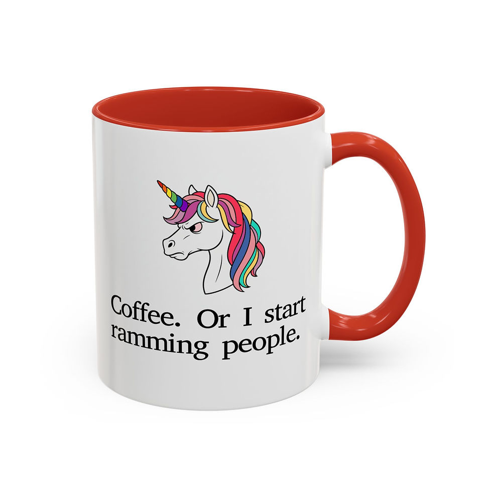 Thumbnail: Left-Handed Angry Unicorn Mug: "Coffee. Or Start Ramming People." Dark Humor Mug