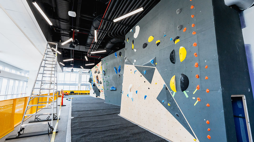 The bouldering walls with colorful holds on it