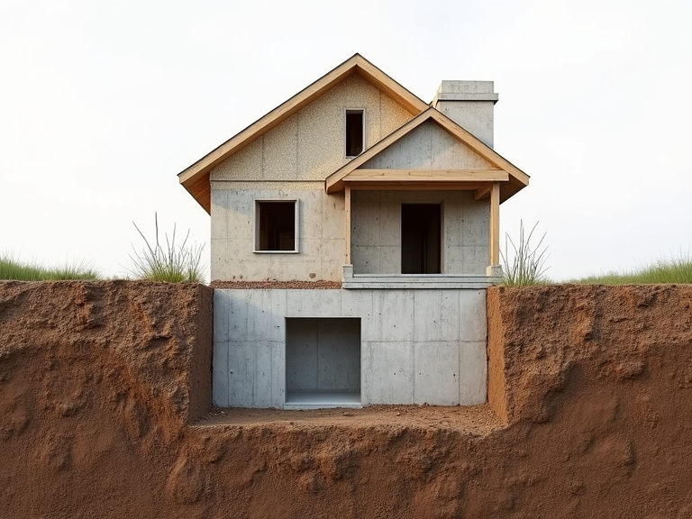 Construction d'une maison avec fondations visibles