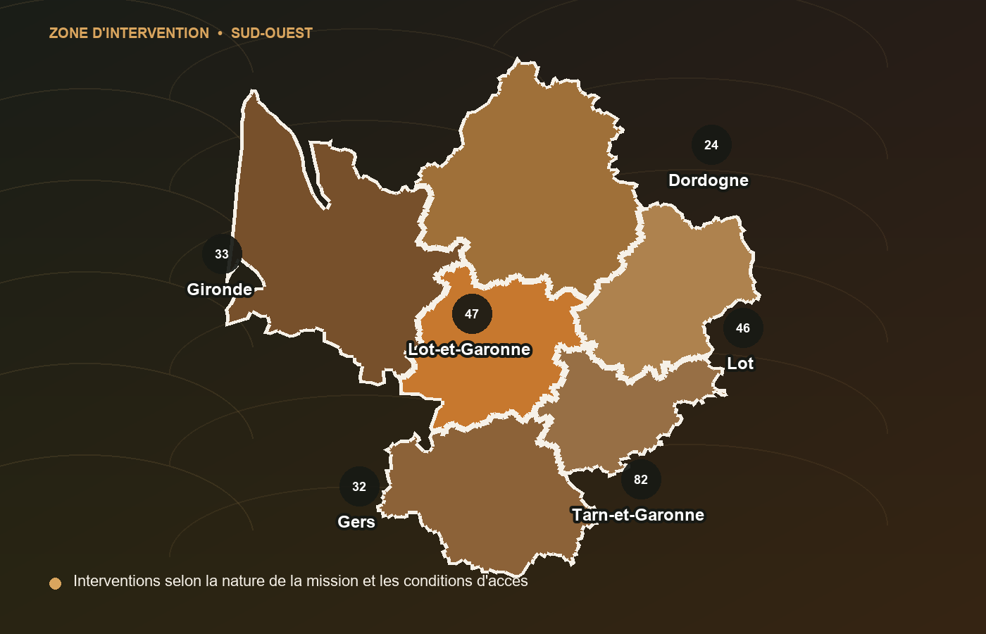 Carte des zones d'intervention GEOPROSOL en Dordogne, Gironde, Lot-et-Garonne, Lot, Gers et Tarn-et-Garonne