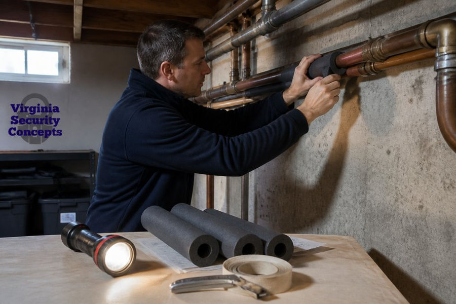 A homeowner wrapping foam pipe insulation around exposed copper pipes in a basement, with a flashlight and tools nearby
