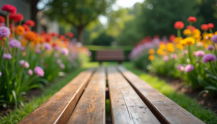 Eye-level view of a peaceful garden bench surrounded by blooming flowers