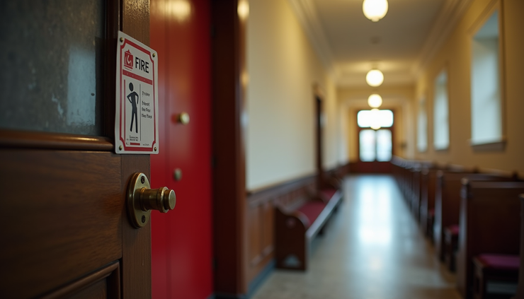 High angle view of a fire door with clear signage in a church hallway