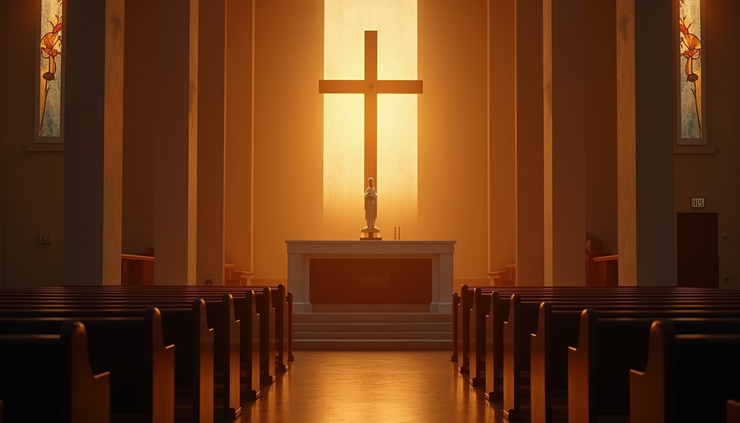Eye-level view of a quiet church altar with a glowing cross