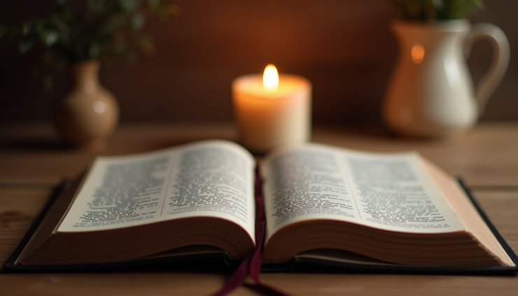 Close-up view of a Bible open on a wooden table with a candle nearby