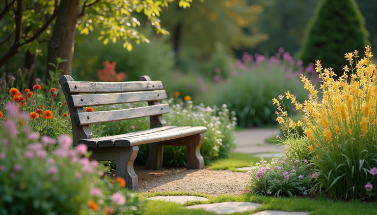 Eye-level view of a quiet garden bench surrounded by blooming flowers