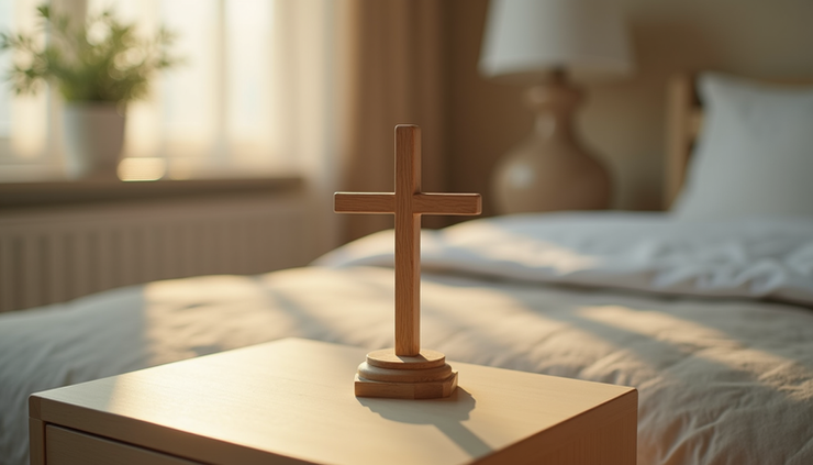 High angle view of a small cross on a bedside table with soft morning light